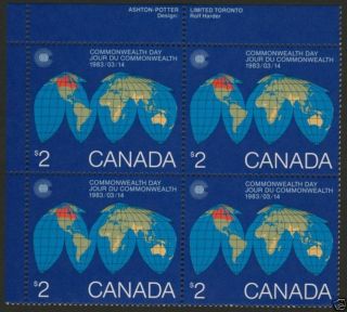 Canada 977 Top Left Plate Block Map,  Globe,  Commonwealth Day photo