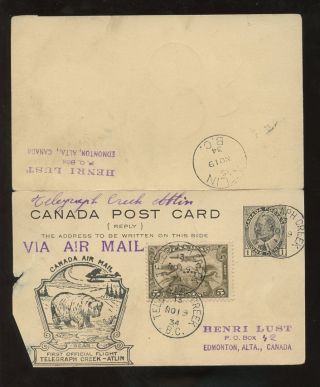 Canada 1934 First Flight Bear Illust.  Ke7 Reply Stationery. .  Telegraph Creek Atlin photo