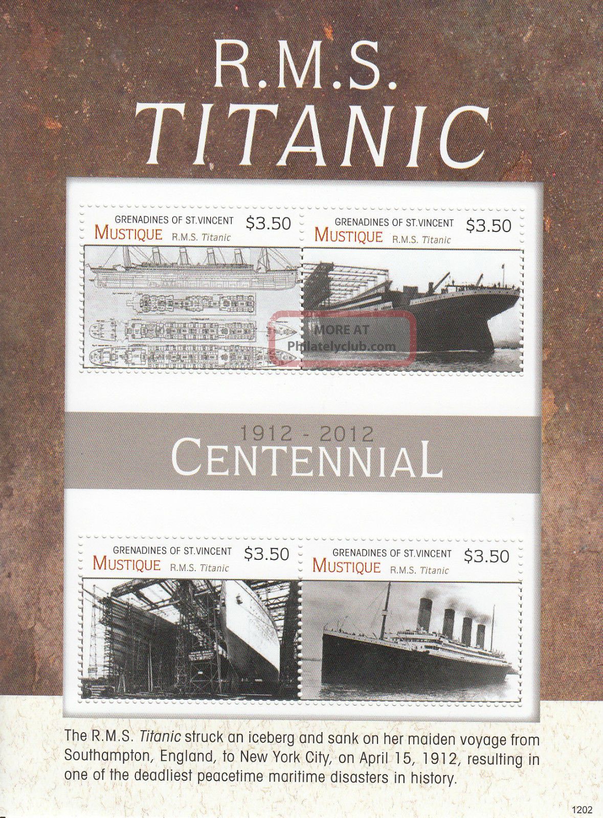 Mustique Grenadines St Vincent 2012 Titanic Centennial 4v Sheetlet 1912 Rms