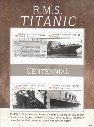 Mustique Grenadines St Vincent 2012 Titanic Centennial 4v Sheetlet 1912 Rms photo