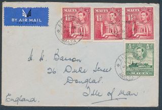 Malta To The Isle Of Man 1938 Airmail Kg6 1½d Strip Of 3 + ½d photo