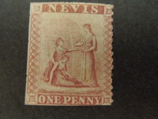 Nevis,  Scott 5,  1p.  Value 1861 Issue Lake Rose Mh Light Gum photo