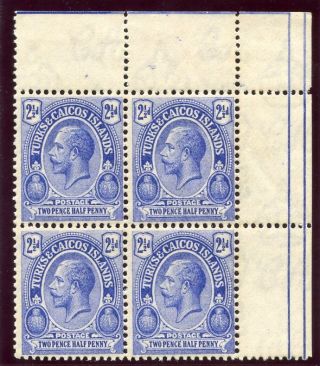 Turks & Caicos Is 1921 Kgv 2½d Blue Block Of Four.  Sg 158 Var.  Cw G29. photo