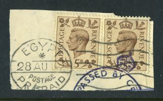 Kgvi 1938.  2 X 5d Brown On Piece.  Egypt Prepaid.  Passed By Censor. photo