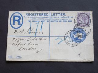 Gb Stationery 1897 Qv Uprated 2d Blue Registered Envelope West Ham To London W photo