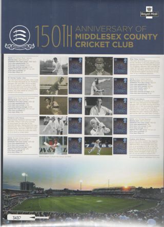 2014 Middlesex County Cricket Club Royal Mail Commemorative Smilers Type Sheet photo