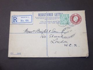 Gb Sussex Stationery Kgv Uprated 3d Registered Envelope Hove.  B.  O Brighton Cds photo