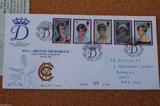 1976 Vintage Official Mcc V Rest Of World Lords Cricket Special Fdc Lady Diana photo