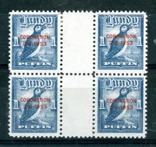 Lundy Island 1953 Coronation Overprints 1 Puffin Gutter Horiz Block Of Four photo