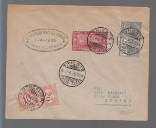 1926 Italy First Flight Cover Ffc Trieste To Turin Postage Due C 4 Sassone 55 photo