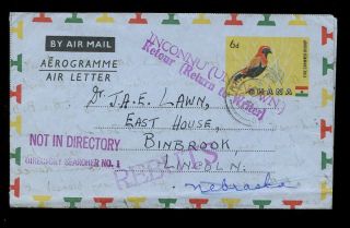 Ghana Bird Stationery Aerogramme Tarkwa 1960 Missent To Lincoln Nebraska +return photo