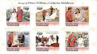 Togo 2011 Royal Wedding 6v Sheet Prince William Catherine Middleton Kate photo