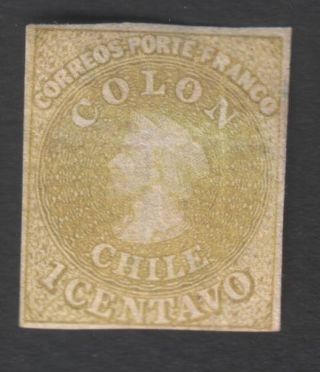 Chile (1) 1861 - 62,  1 Cent,  Imperf.  Wmk A,  Last Of London,  Yvert 7,  Scott 11 photo