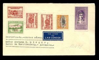 Bolivia 1937 Registered Airmail Condor Etiquette + Surcharges To Wurttemberg photo