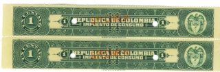 2 Republica De Colombia 1c C1940 Fiscals W/ Specimen Ovpts Impuestos Consumo photo