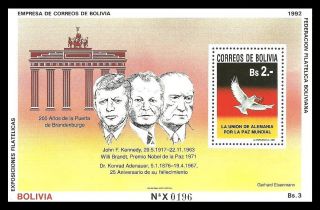 Bolivia 1992 Peace Nobel Prize Kennedy Adenaur Brandt Brandenburg M/sheet photo