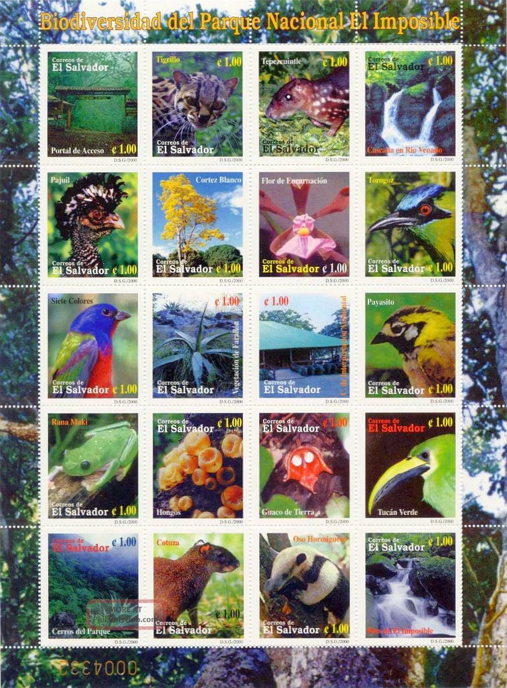 El Salvador 2000 Sc 1538 El Imposible Natl Park 20 Stamp Sheet,  Fauna,  Flora Latin America photo
