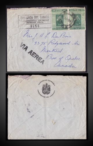 1957 Peru Canadian Embassy Air Cover Sent To Montreal Quebec Canada photo