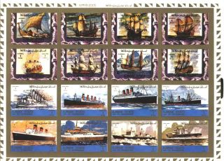 Uae Ajman Sheet Of 16 Old & Boat Perforated On Cartoon Very Rare & Limited photo