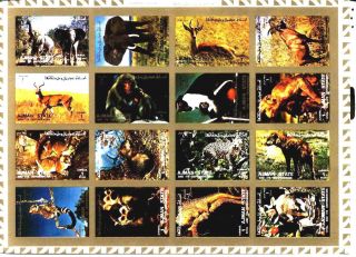 Uae Ajman Sheet Of 16 Wild Animal - Imperf On Cartoon Very Rare & Limited photo