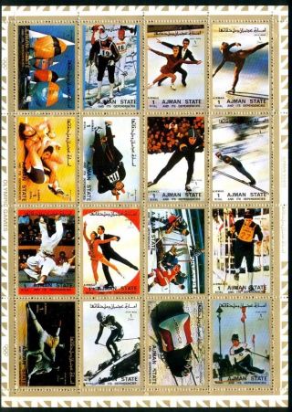 Uae Ajman Sheet Of 16 Olympic Games Ii Perforated On Cartoon Very Rare & Limited photo