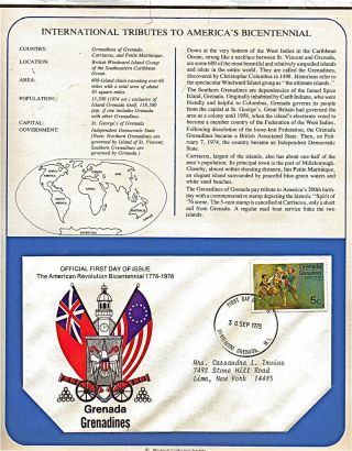 Grenada Tribute To America ' S Bicentennial 1975 First Day Issue Fdc 