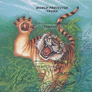 1994 Tanzania Postage Souvenir Sheet Protected Wild Animals Tigers Cats Cto photo