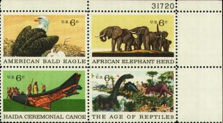 1970 Us 1387 - 90 Plt Blk Eagle Elephants Dinosaurs Bird Animal Reptile Canoe photo