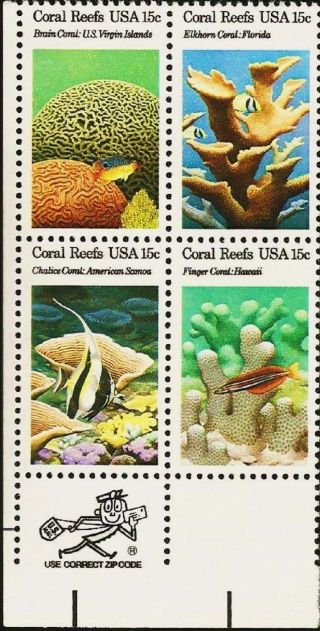 1980 Us 1827 - 30 Zip Blk Of 4 American Coral Reef Marine Sea Ocean Life Fish photo