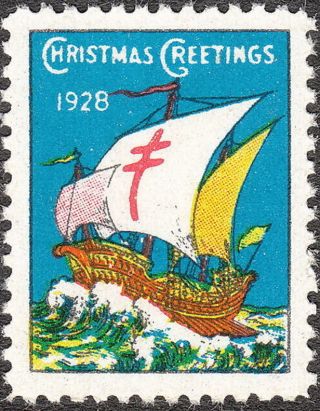 Stamp Label Us Christmas Seal 1928 Tb Sail Boat Greetings Holiday photo