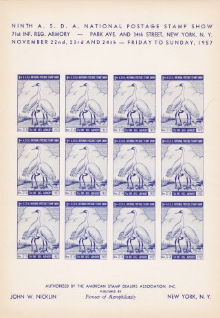 9th Asda American Stamp Dealers Show 1957 Imprf Sheet/12 Cranes Nicklin Blue photo