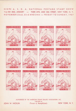 9th Asda American Stamp Dealers Show 1957 Imprf Sheet/12 Cranes Nicklin Red photo