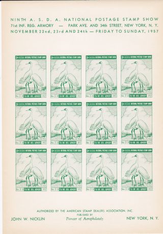 9th Asda American Stamp Dealers Show 1957 Imprf Sheet/12 Cranes Nicklin Green photo