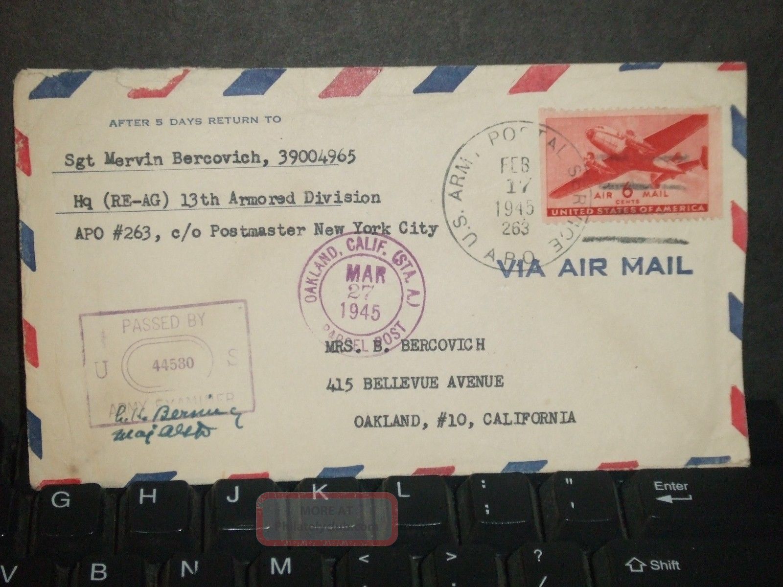Apo 263 Totes, France 1945 Wwii Censored Army Cover 13th Armored Div