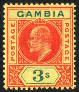 Gambia: 1905 - 3s Carmine & Green.  Dented Frame Variety.  Mm.  Sg56a.  (ref.  684) photo