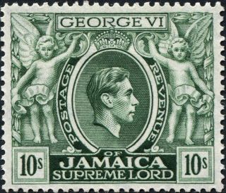 Jamaica 1950 (kgvi) 10s Myrtle - Green Sg133aa Cv £18.  00 Vf Mh Postage photo