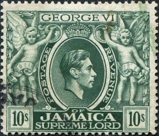Jamaica 1938 (kgvi) 10s Myrtle - Green Sg133 Cv £10.  00 Uh Postage photo