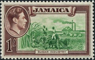 Jamaica 1938 (kgvi) 1s Green & Purple - Brown Sg130 Cv £13.  00 Vf Mh Freep&p photo