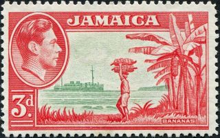 Jamaica 1952 (kgvi) 3d Green And Scarlet Sg126c Cv £5.  50 F Mh Postage photo