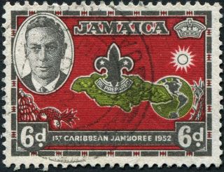 Jamaica 1952 (kgvi) 6d Yellow - Green,  Carmine - Red And Black Sg152 Cv £0.  60 photo
