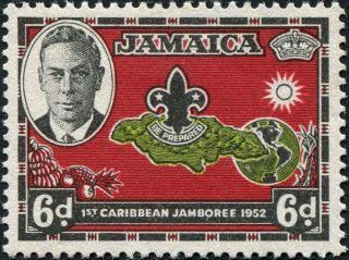 Jamaica 1952 (kgvi) 6d Yellow - Green,  Carmine - Red And Black Sg152 Cv £0.  70 photo