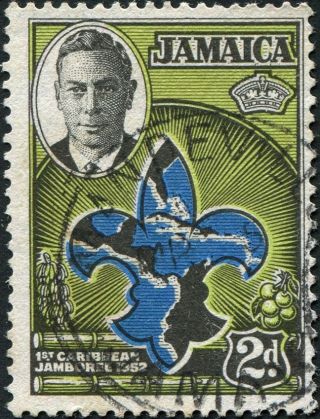 Jamaica 1952 (kgvi) 2d Blue,  Apple - Green And Black Sg151 Cv £0.  10 Uh photo
