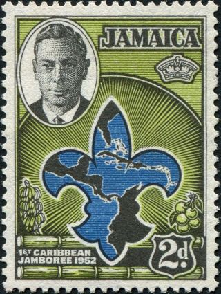 Jamaica 1952 (kgvi) 2d Blue,  Apple - Green And Black Sg151 Cv £0.  30 Vf Mh photo