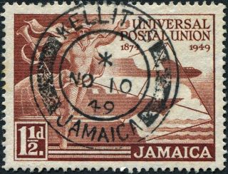 Jamaica 1949 (kgvi) 1 1/2d Red - Brown Sg145 Cv £0.  15 Vf Uh Kellits Cancel photo