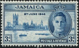 Jamaica 1946 (kgvi) 3d Blue Sg142a Cv £0.  65 F Mh Postage photo