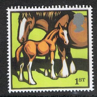 Clydesdale Mare And Foal Illustrated On 2005 British Stamp - Nh photo