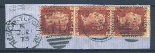 Gb Qv 1864 1d.  Red Plate Numbers Plate 99 Ag - Cg A Strip Of Three On Piece Sg 43 photo