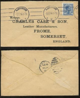 Denmark 1914 Envelope Charles Case Frome. . .  Late Use Of Gb 306 Duplex On Arrival photo