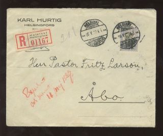 Finland 1927 Regist.  Cover Lion 3m Solo Franking To Fritz Larsson photo