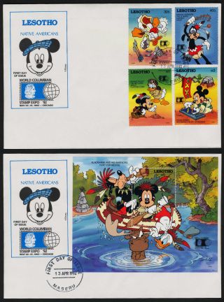 Lesotho 887 - 91 Fdc ' S Disney,  Native Americans,  World Columbian Stamp Expo photo